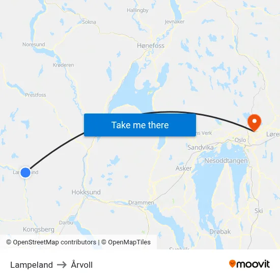 Lampeland to Årvoll map