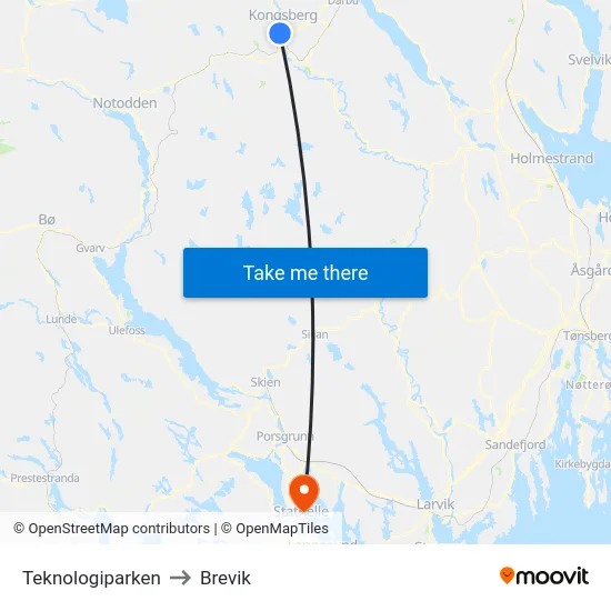 Teknologiparken to Brevik map