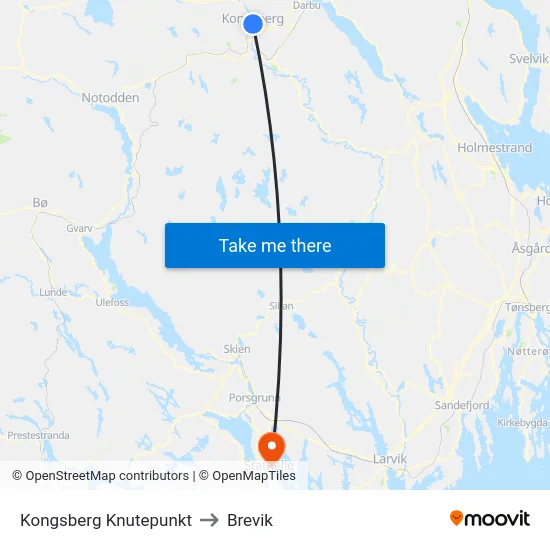 Kongsberg Knutepunkt to Brevik map
