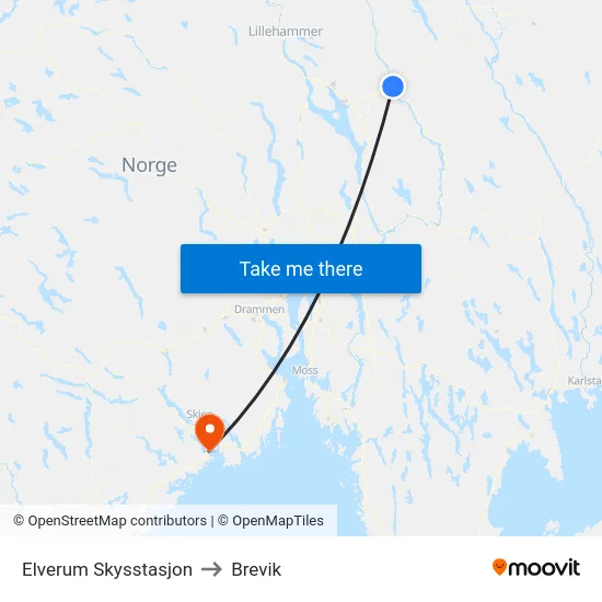 Elverum Skysstasjon to Brevik map