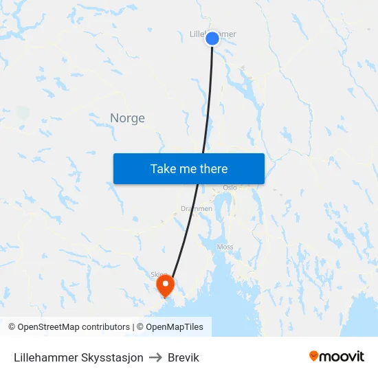 Lillehammer Skysstasjon to Brevik map