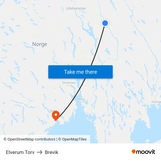 Elverum Torv to Brevik map