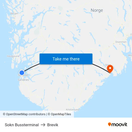 Sokn Bussterminal to Brevik map