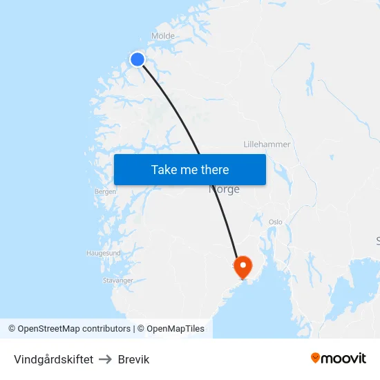 Vindgårdskiftet to Brevik map