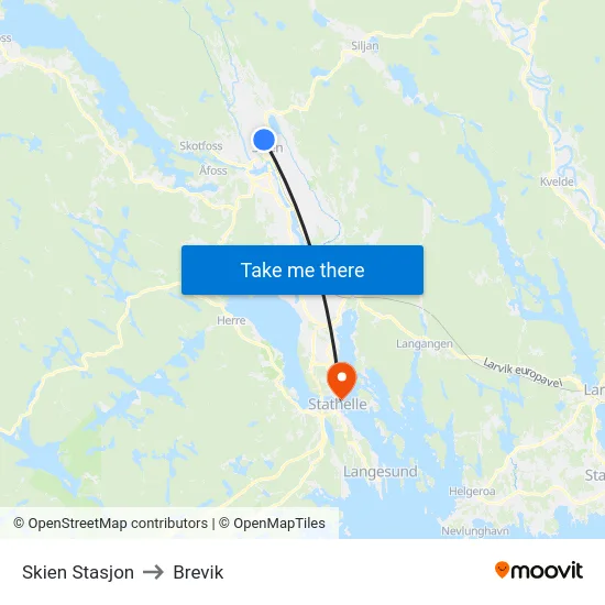 Skien Stasjon to Brevik map