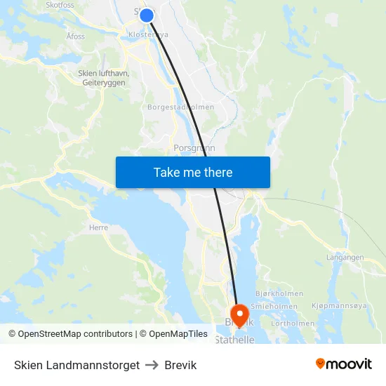 Skien Landmannstorget to Brevik map