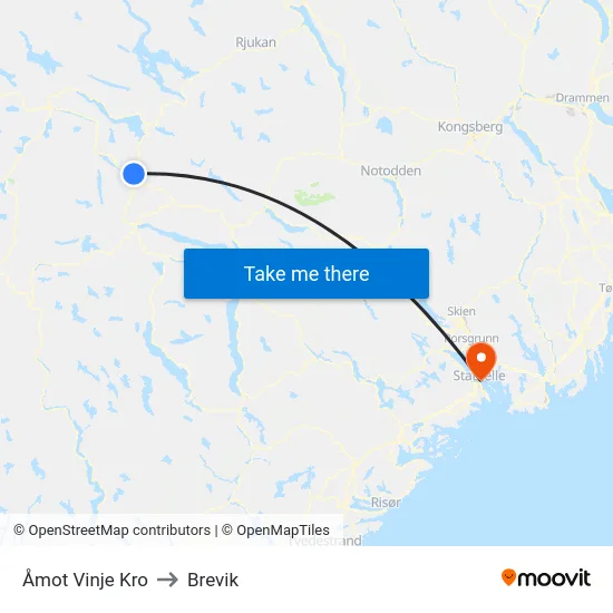 Åmot Vinje Kro to Brevik map