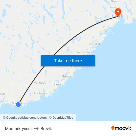 Marnarkrysset to Brevik map
