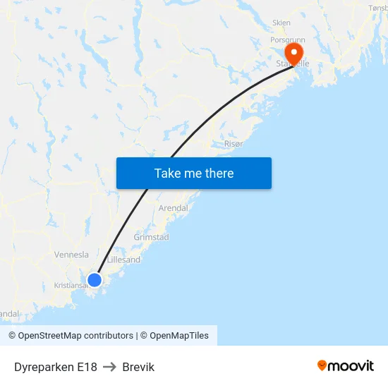 Dyreparken E18 to Brevik map