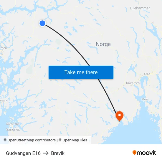 Gudvangen E16 to Brevik map