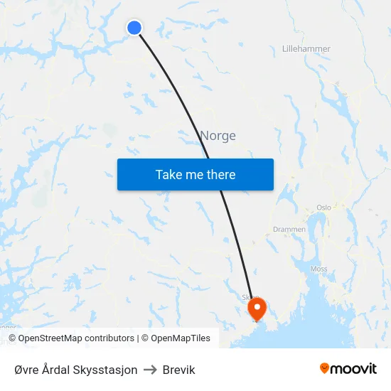Øvre Årdal Skysstasjon to Brevik map