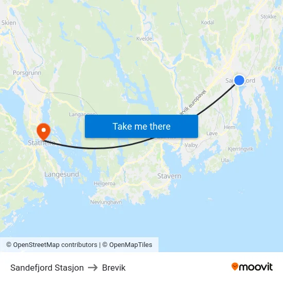 Sandefjord Stasjon to Brevik map