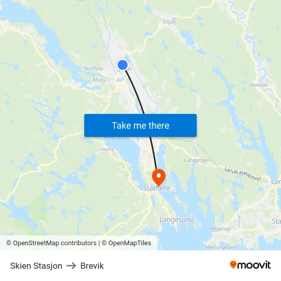 Skien Stasjon to Brevik map