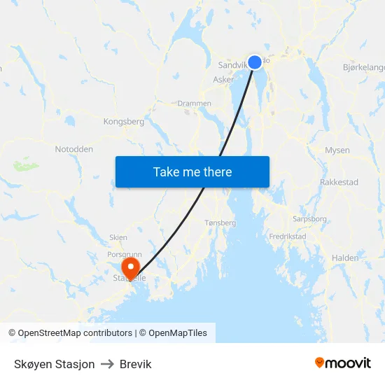Skøyen Stasjon to Brevik map