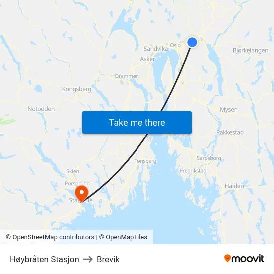 Høybråten Stasjon to Brevik map