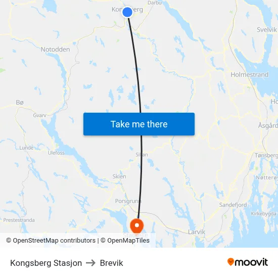 Kongsberg Stasjon to Brevik map