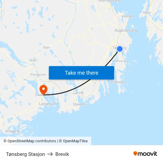 Tønsberg Stasjon to Brevik map