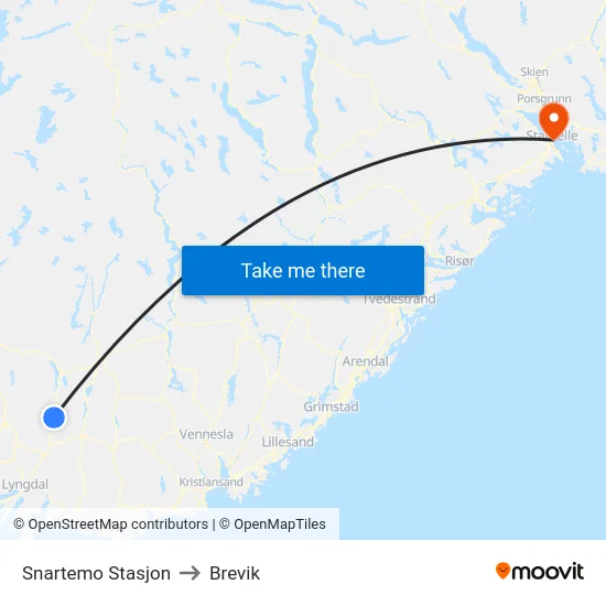 Snartemo Stasjon to Brevik map