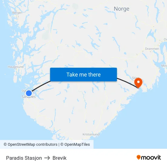 Paradis Stasjon to Brevik map