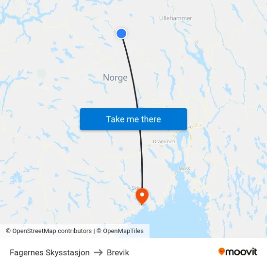 Fagernes Skysstasjon to Brevik map