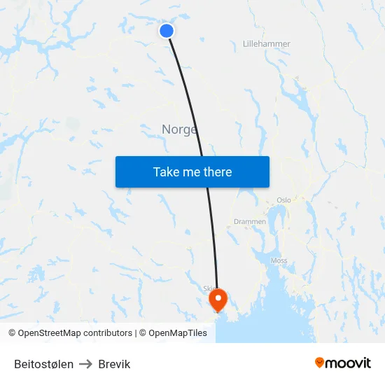 Beitostølen to Brevik map