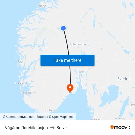 Vågåmo Rutebilstasjon to Brevik map