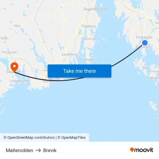 Møllerodden to Brevik map