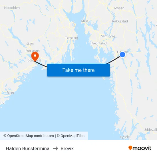 Halden Bussterminal to Brevik map