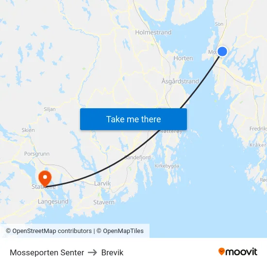 Mosseporten Senter to Brevik map