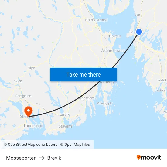 Mosseporten to Brevik map