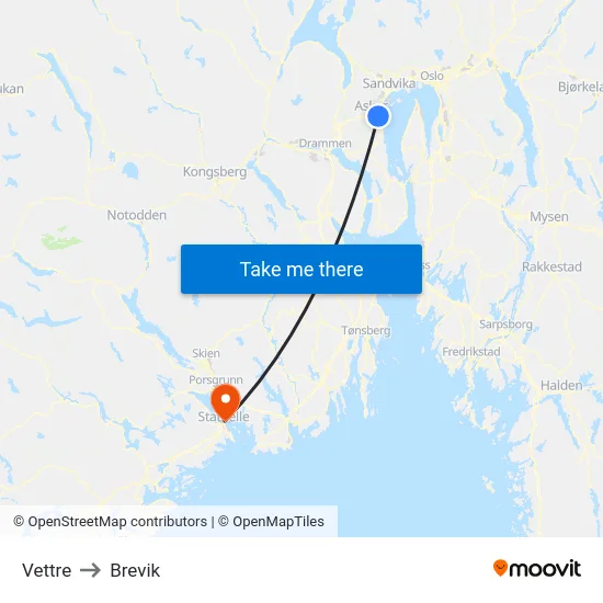 Vettre to Brevik map