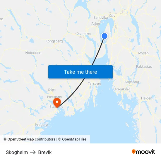 Skogheim to Brevik map