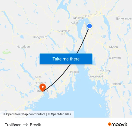 Trollåsen to Brevik map