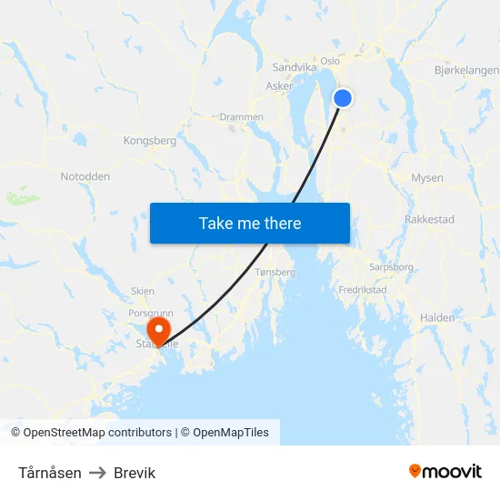 Tårnåsen to Brevik map