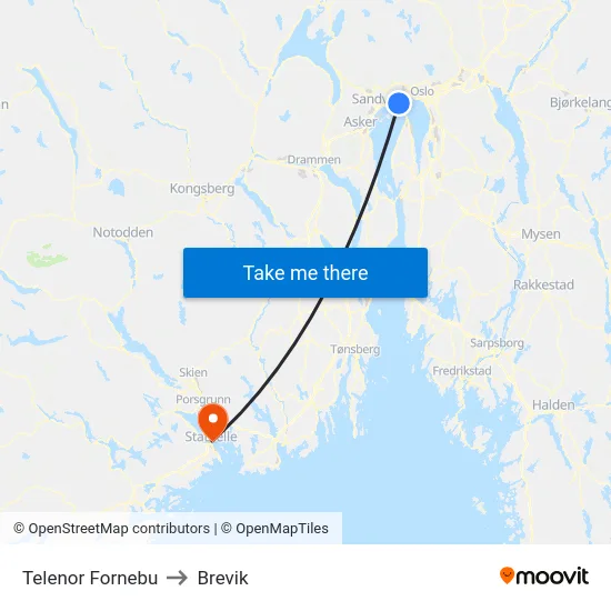 Telenor Fornebu to Brevik map