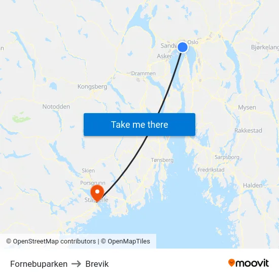 Fornebuparken to Brevik map