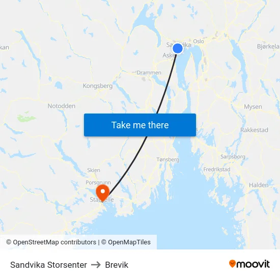 Sandvika Storsenter to Brevik map