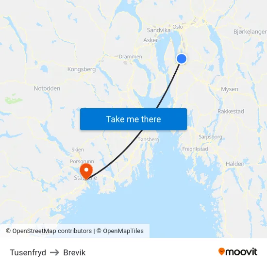 Tusenfryd to Brevik map