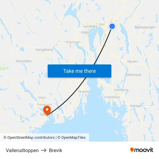 Vallerudtoppen to Brevik map