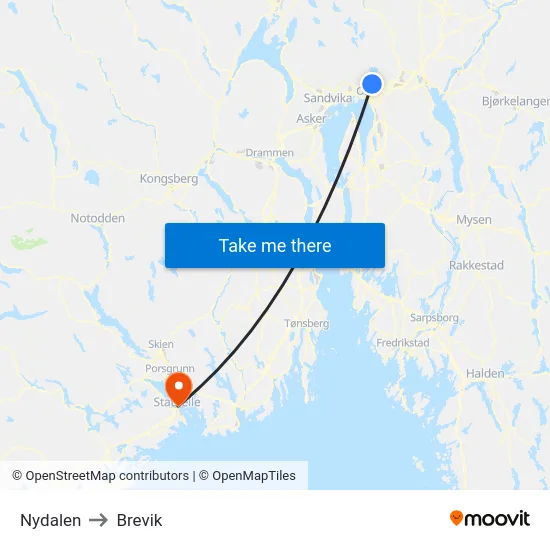 Nydalen to Brevik map