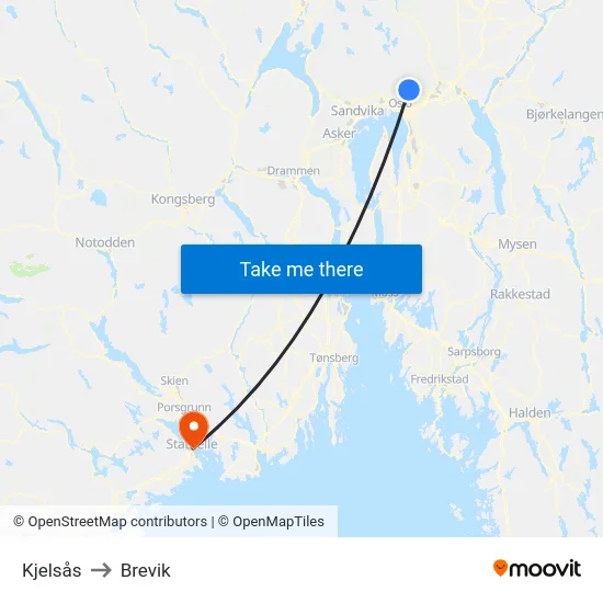 Kjelsås to Brevik map