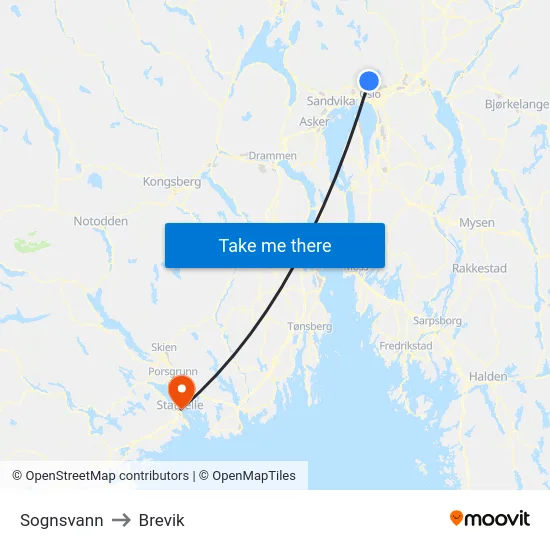 Sognsvann to Brevik map
