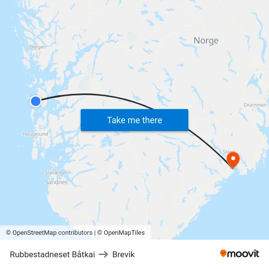 Rubbestadneset Båtkai to Brevik map