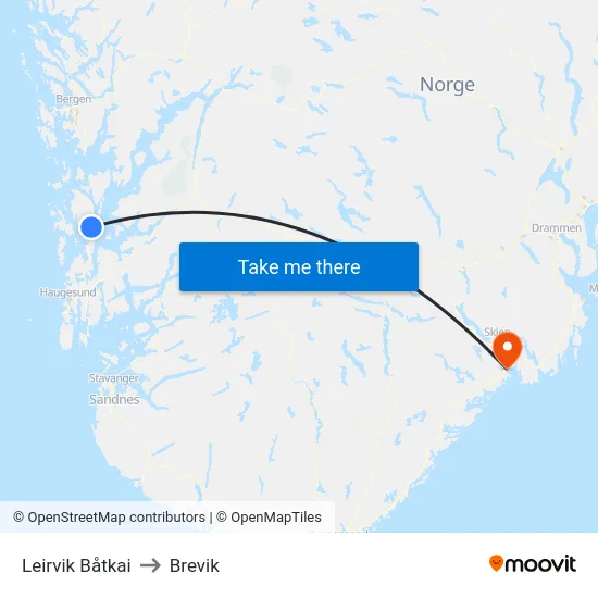 Leirvik Båtkai to Brevik map