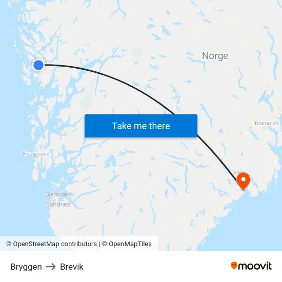Bryggen to Brevik map