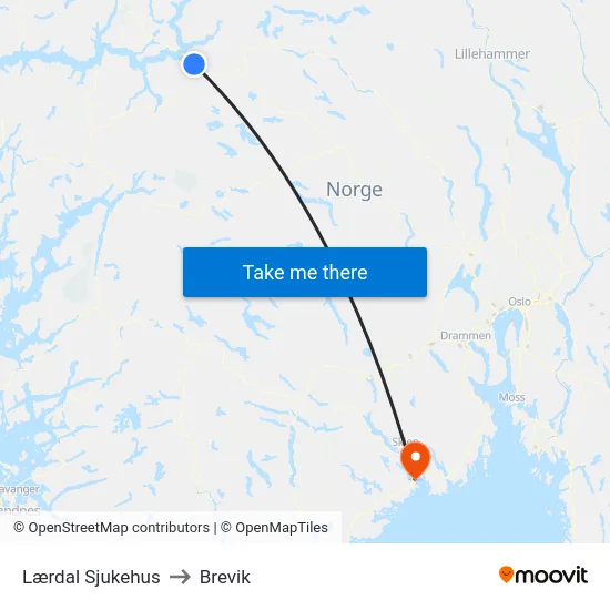 Lærdal Sjukehus to Brevik map