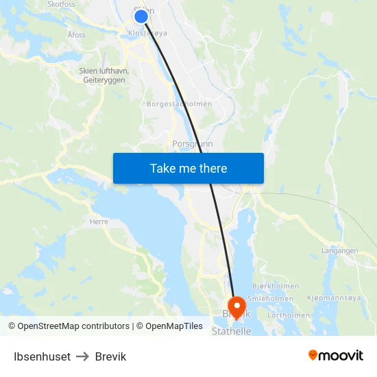 Ibsenhuset to Brevik map
