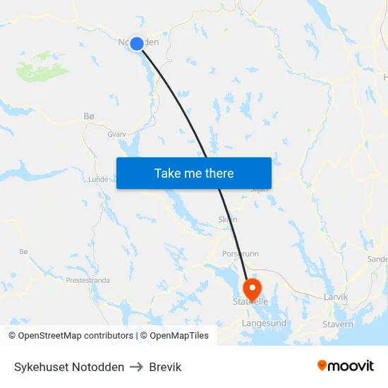 Sykehuset Notodden to Brevik map