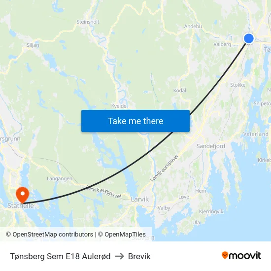 Tønsberg Sem E18 Aulerød to Brevik map