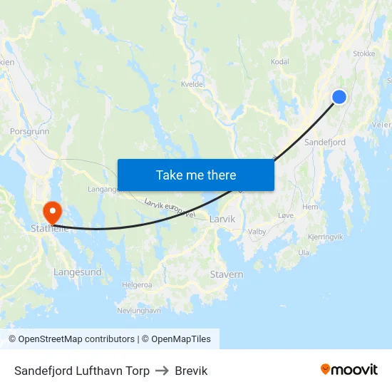 Sandefjord Lufthavn Torp to Brevik map